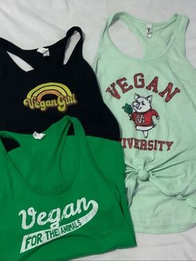 Next Level Apparel Vegan Graphic Racerback Tank Trio - Black, Green, Mint